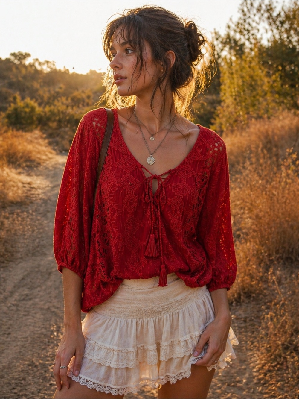 Sanctuary‎ Red Boho Lace Tie Front Blouse M Festival Cottagecore Top B0250-PSYE